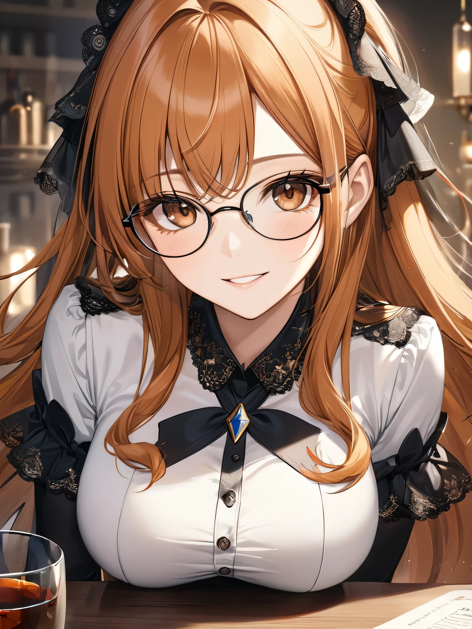 (masterpiece), (best quality),(ultra detailed),(extremely detailed),(absolutely resolution) ,absurdres,8k, cute and beautiful face, highly detailed face and eyes, 1girl, wearing silver-glasses, grin, hands up,elbows on table, (long hair, orange hair, brown-eyes:1.5), iairpin, big-breasts, (Intricate Iris Details,Depth and Dimension in the Pupils:1.0), 