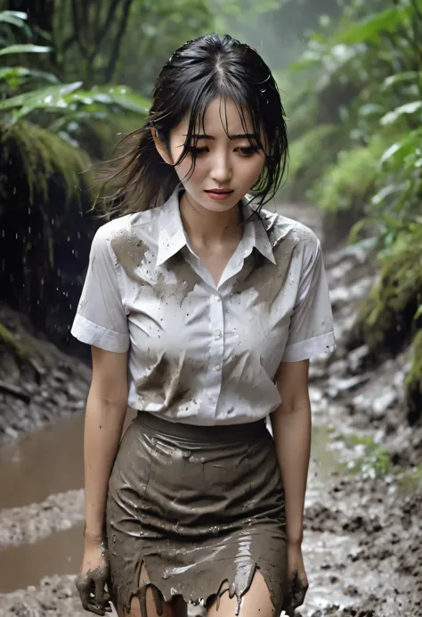 (highest quality, 4k. photograph, fine:1.4), (a japanese businesswoman covered in mud), 18-year-old, very cute, crying loudly, a...