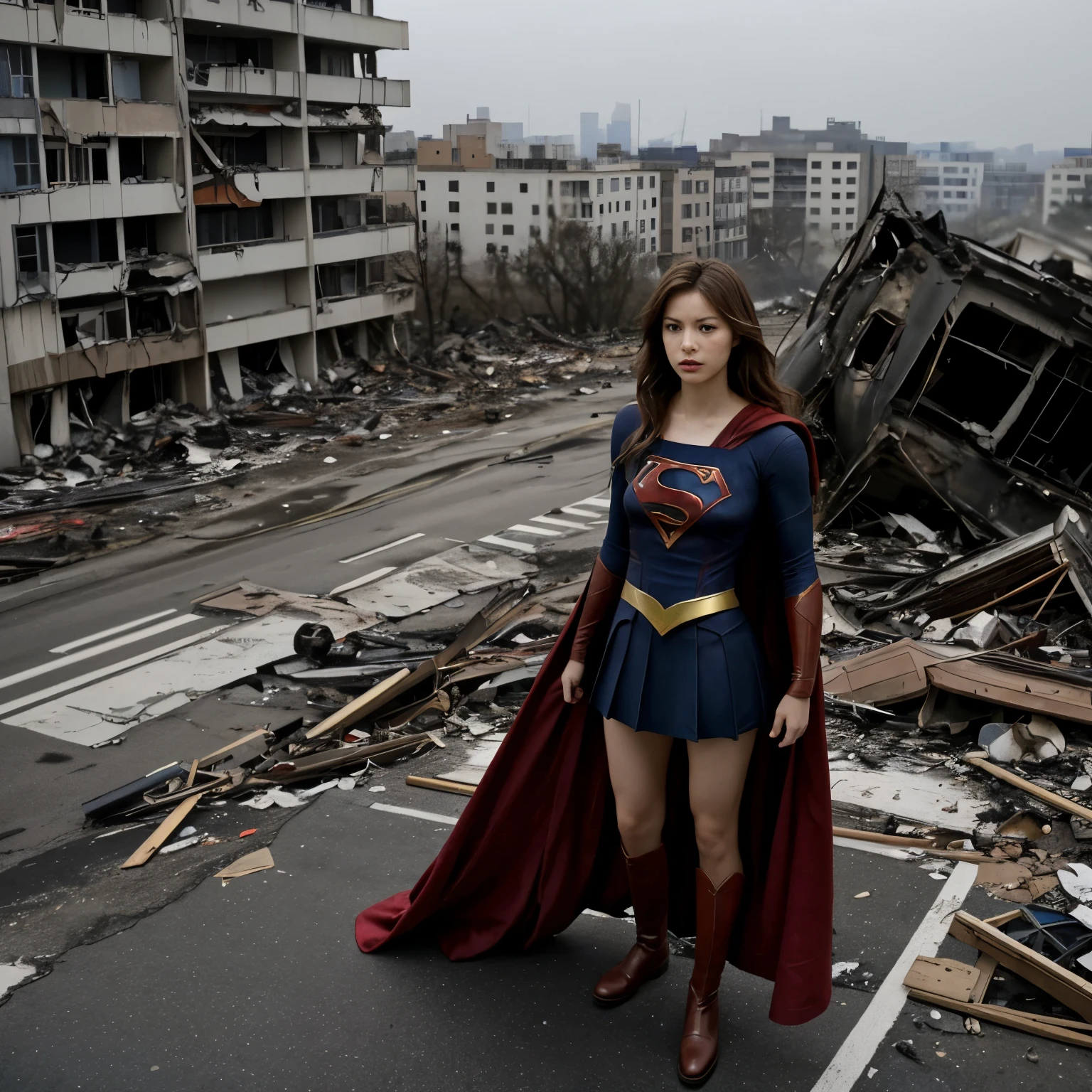 Supergirl blickt auf die Folgen eines Bombenangriffs auf eine Stadt herab、(Fliegendes Supergirl)、Der Morgen bricht an über der Stadt, die zu Asche geworden ist、