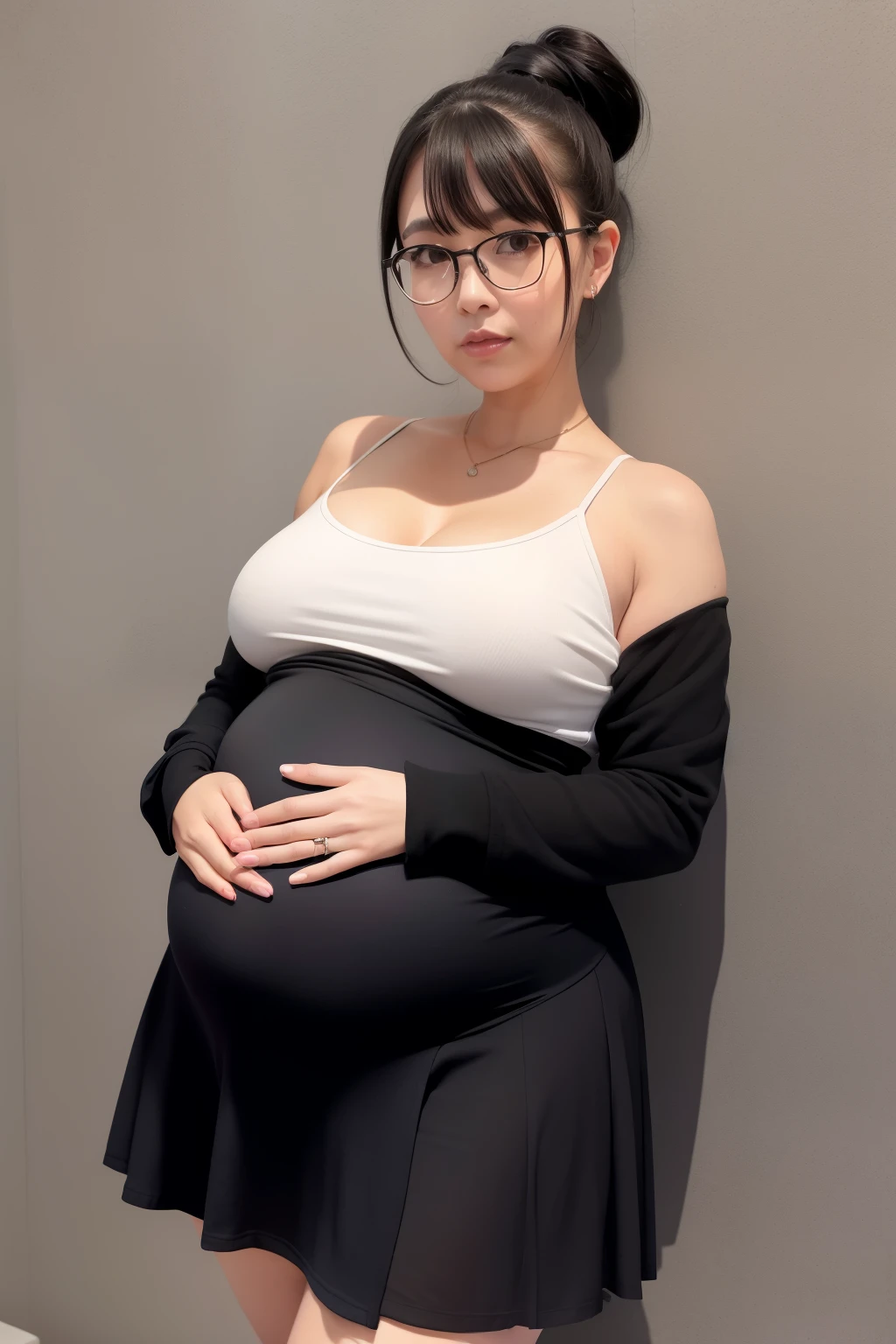 Dily Dance Center，black ponytail，Large-rim glasses，Harnes，(pregnant), Leaky shoulders，babyfat，Skirt that wraps hips，Exhibited，