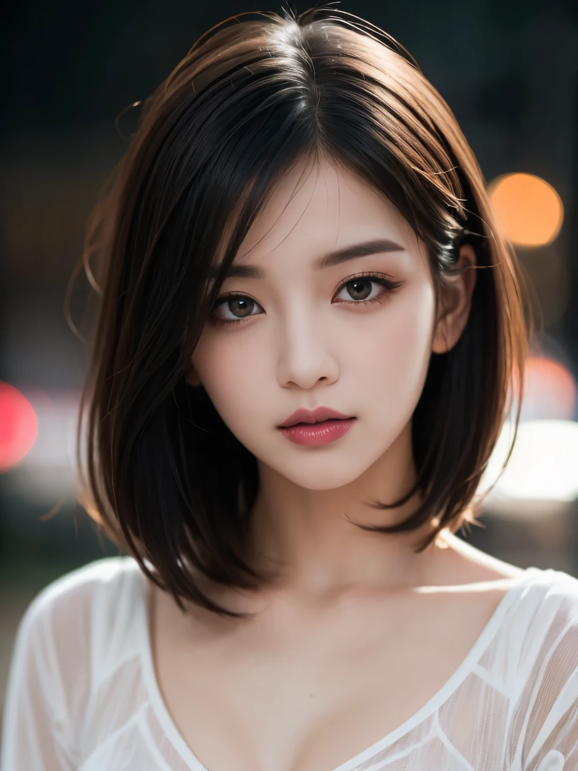 Ulzzang-6500-v1.1, (RAW Photos:1.2), (Photorealistic), (See-through:1.3), (Genuine:1.4), (Pieces fly:1.3), beautiful women, actress, masterpiece, 90&#39;Atmosphere of, Cutting-edge appearance, Rainy night、Rainy weather、highest quality, Very detailed, Photorealistic, Shining Eyes, Detailed face, clavicle, beautiful eyes, black eye, detailed eyeshadow, Black Hair, Lip gloss, Pink Lip, compensate, (charm:1.5), Sharp focus, Clear Eyes, hunter's eyes, eyelash, whole body, (Wavy Hair:1.1),(short hair:1.3), Intense sexy dress,(beautiful:1.5)