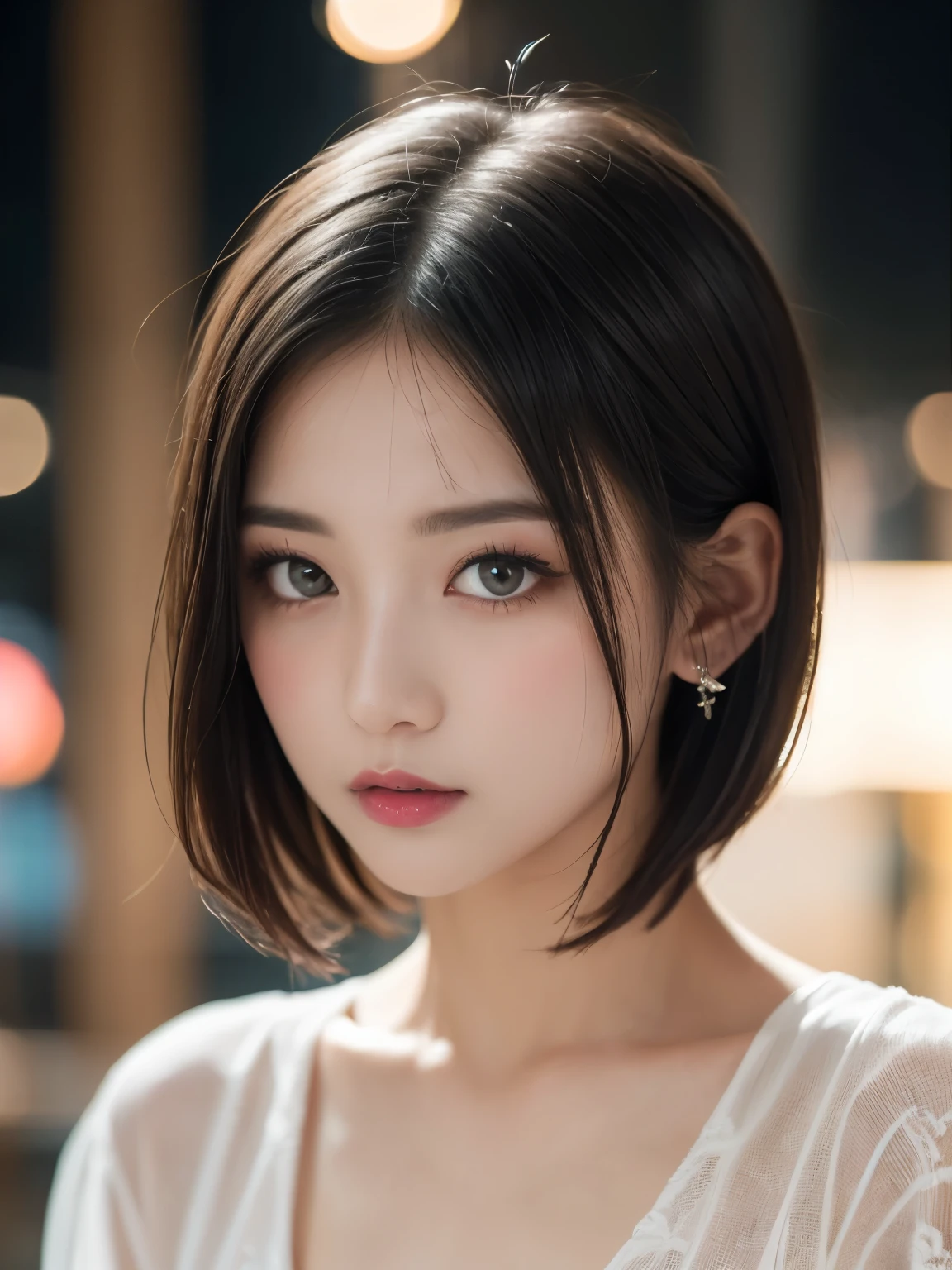 Ulzzang-6500-v1.1, (RAW Photos:1.2), (Photorealistic), (See-through:1.3), (Genuine:1.4), (Pieces fly:1.3), beautiful women, actress, masterpiece, 90&#39;Atmosphere of, Cutting-edge appearance, Rainy night、Rainy weather、highest quality, Very detailed, Photorealistic, Shining Eyes, Detailed face, clavicle, beautiful eyes, black eye, detailed eyeshadow, Black Hair, Lip gloss, Pink Lip, compensate, (charm:1.5), Sharp focus, Clear Eyes, hunter's eyes, eyelash, whole body, (Wavy Hair:1.1),(short hair:1.3), Intense sexy dress,(beautiful:1.5)