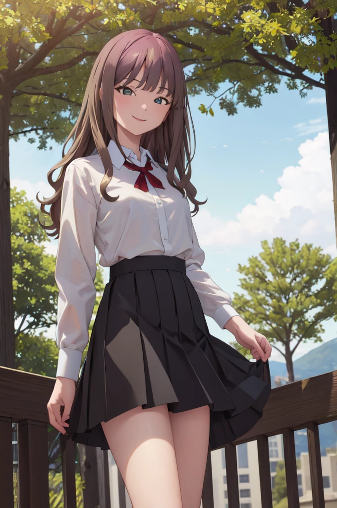 masterpiece,best quality,highres,ultra-detailed,aayume,long hair,bangs,collared shirt,短いblack skirt:1.5,loafers,outdoors,standing,cowboy shot,smile,