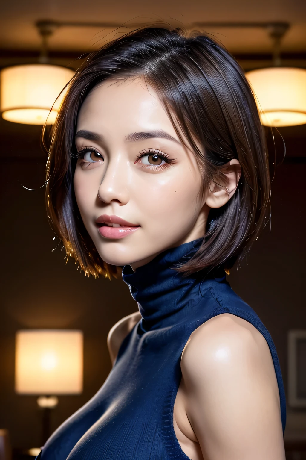 (8k, RAW Photos, highest quality, masterpiece, Realistic, Realistic), (1 female), (Ultimate beauty), Highly detailed face, (Perfect Teeth), Beautiful Eyes, double eyelid, eyelash, smile, Lip details, brunette bob, The light shines on your face, Big Breasts, ((Blue turtleneck sweater)), ((Upper Body)), (background: Resort Hotel Lobby、indirect lighting), ((Written boundary depth))