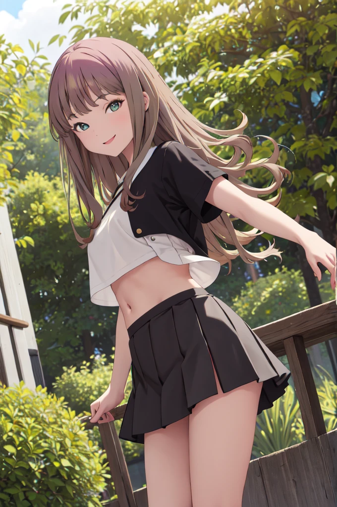 masterpiece,best quality,highres,ultra-detailed,aayume,long hair,bangs,Short shirt、Belly button,short black skirt:1.5,loafers,outdoors,standing,smile,