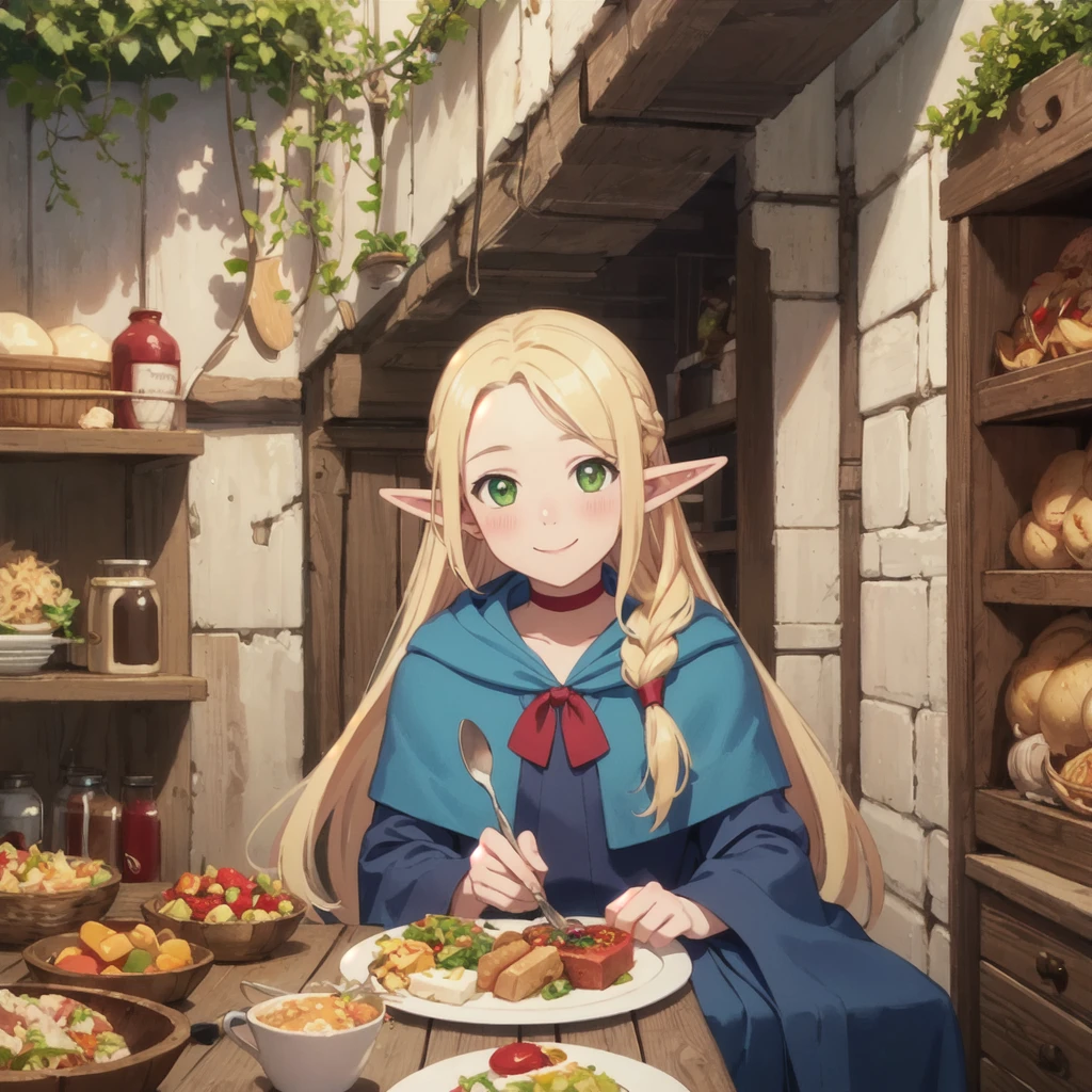 ((masterpiece,highest quality)), 
Marcille Donato,Dungeon Food, 
One girl, alone, Blonde, Long Hair, Fairy, Round elf ears, Green Eyes,
Red choker, blue capelet, 
eat, dish, spoon,
alone, smile,  blush, View your viewers,