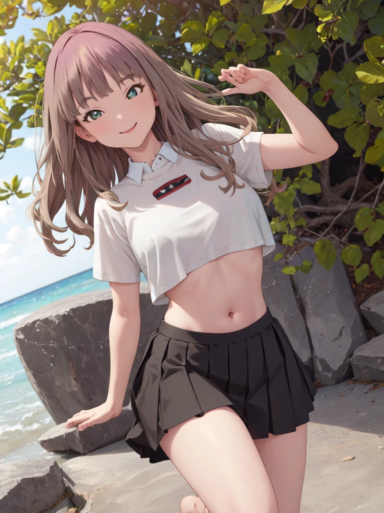 masterpiece,best quality,highres,ultra-detailed,aayume,long hair,bangs,Short shirt,Belly button,short black skirt:1.5,outdoors,standing,smile,Beautiful thighs、barefoot