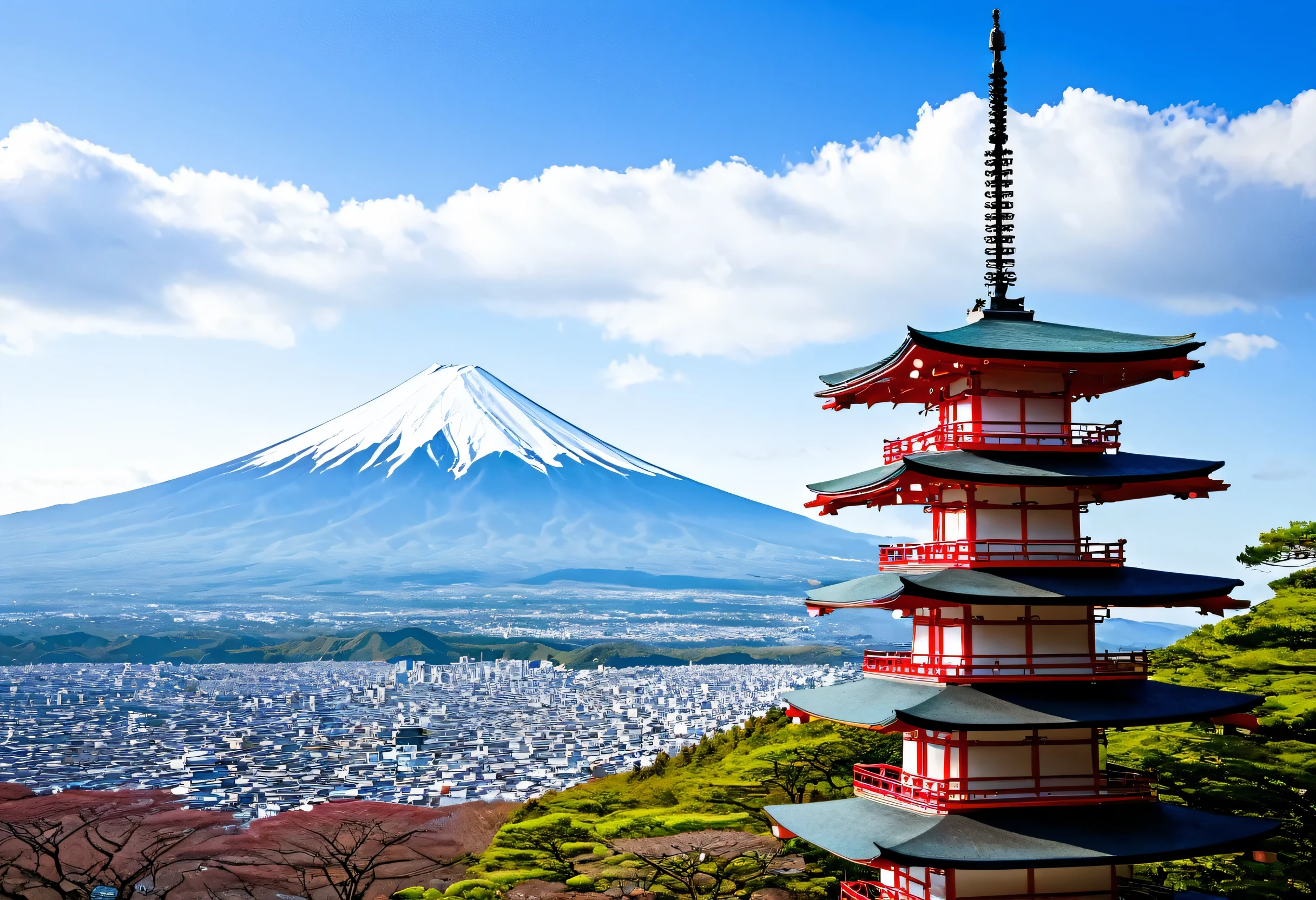 Araafed-Pagode mit Bergen im Hintergrund, Von Chu Asai inspirierte Gemälde, Shutterstock, ukiyo-e, Japan – Tiefere Reiseerkundung, Japan Tourismus, Japanische Städte, Berge in Japan, Japan Reisen und Abenteuer, Fuji-Berg, Japanische Landschaft, Japan Reisen und Tourismus, Fuji-Berg on the background, Fuji-Berg in the background