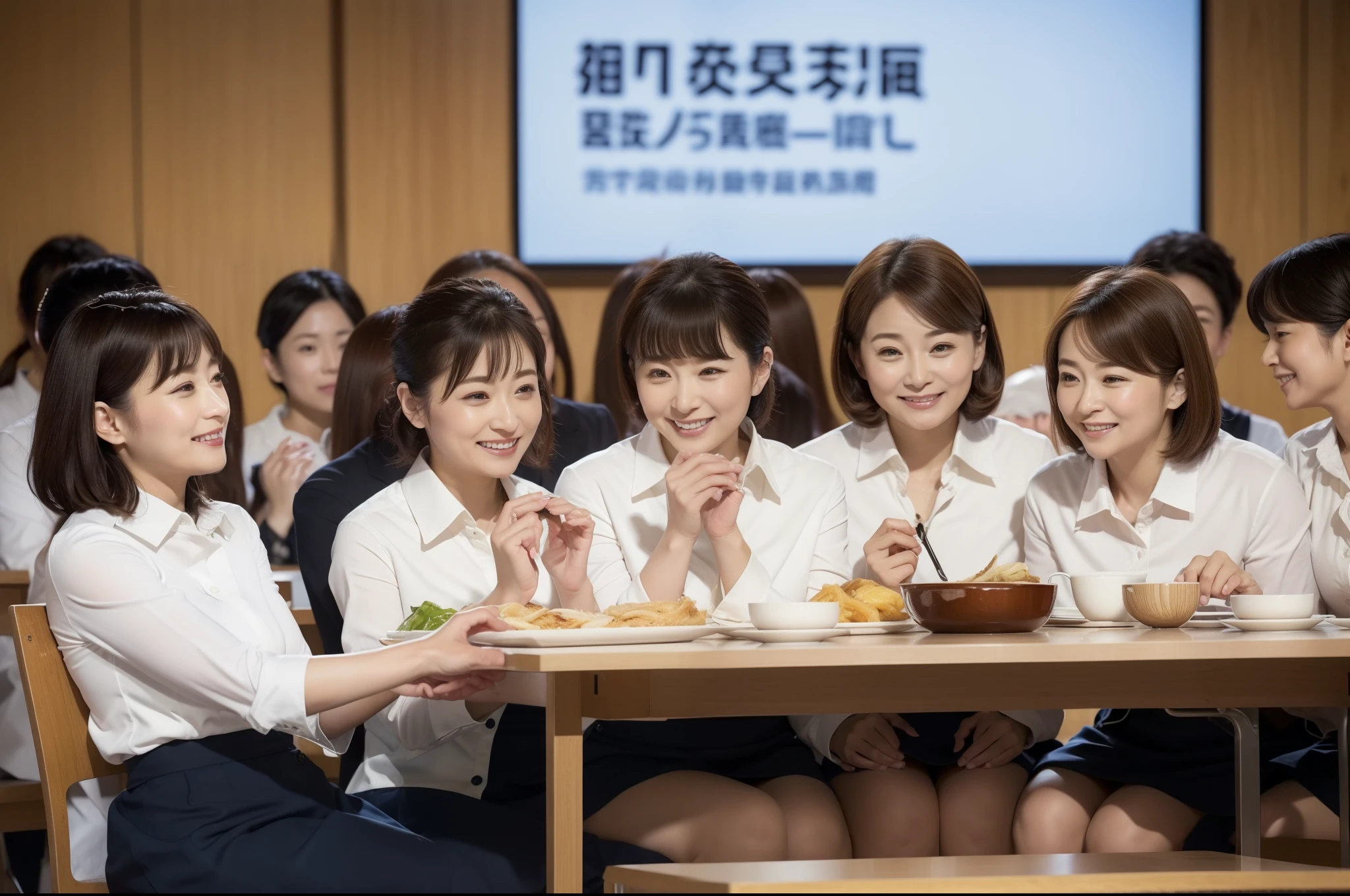 ((highest quality, 8k, Representative works in detail, Ultra-high resolution)), (Group photo of women), (Looking at the audience), (Mid Shot:), Five attractive businesswomen、women only、 A little chubby:0.25, White collared shirt, Grey Skirt, mini skirt、私nside a high-rise office,wide、Sit down and eat、company cafeteria、Friendly office lady;eat lunch、Happy expression、color々food、Daily set meal、Ramen、Udon、Omelette rice、sandwich、curry、Pork cutlet on rice、coffee、Facing table、四人掛けのテーブルにSit down and eat、