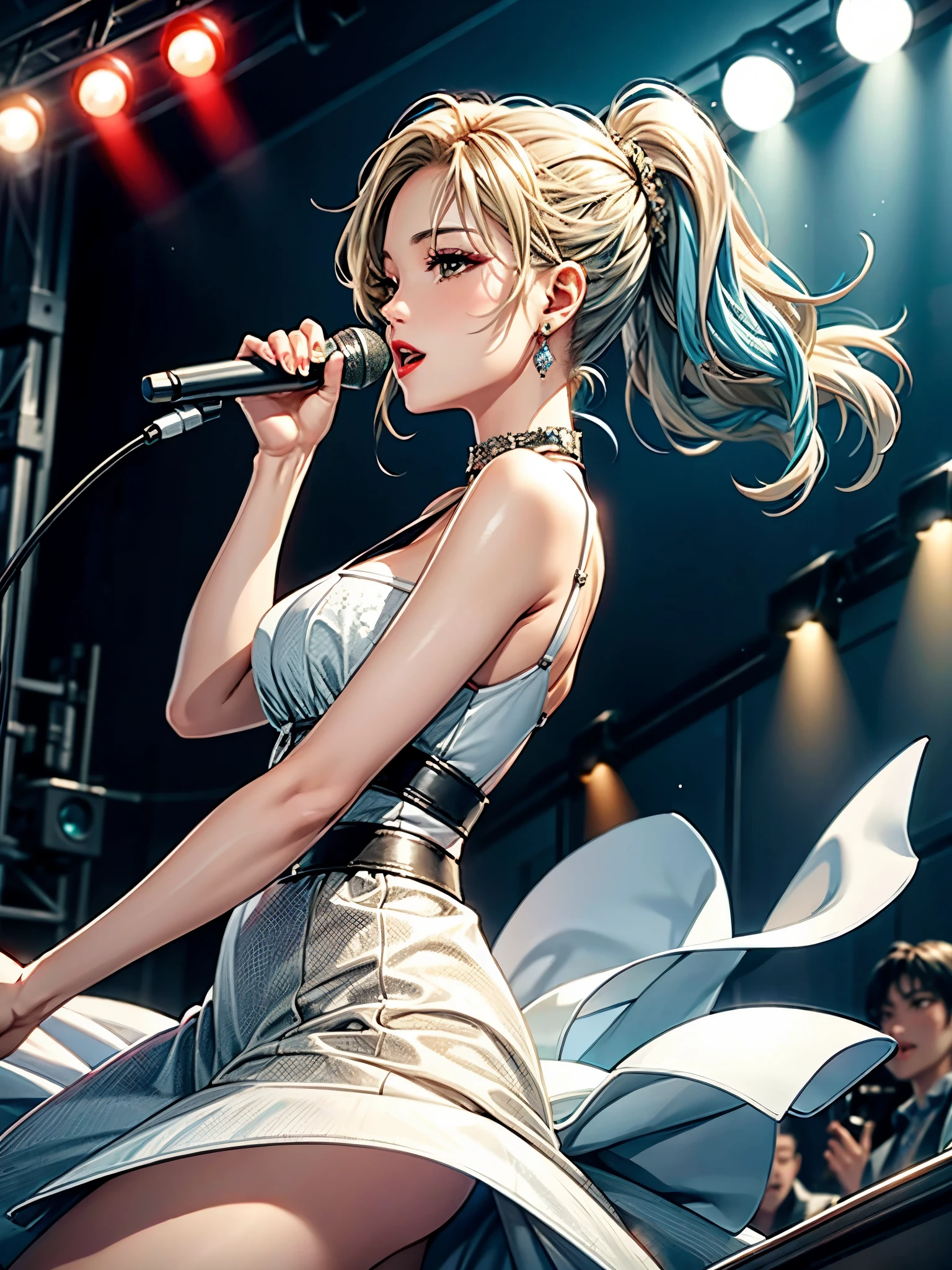 1 lady solo, K-POP artist, (singing:1.2) (dynamic posing:1.2), (stylish outfit), mature female, /(beige blonde hair streaked sky-blue hair end/), bangasterpiece best quality:1.2), delicate illustration, ultra-detailed, large breasts, BREAK, (holding a microphone) , one hand up, face to audience, BREAK, (music stage) indoors, various colored spotlight, audience, POV from side,