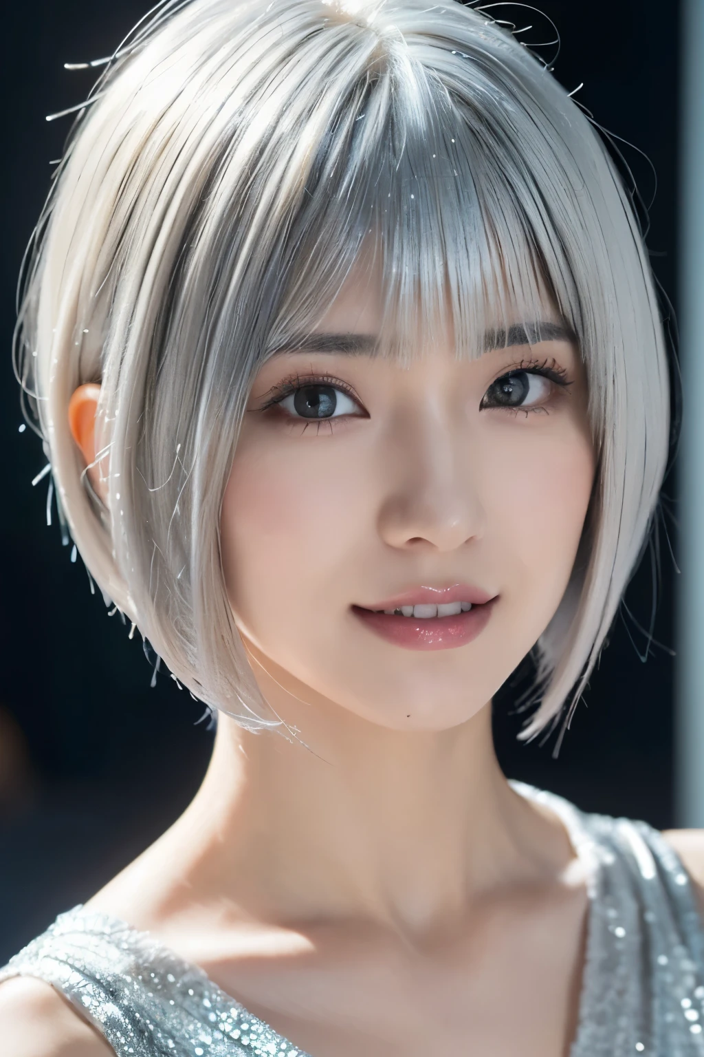 One Girl, (White underwear:1.2),((Face close-up:1.4))、((A little darker makeup:1.3))、 ((Short bob cut with silver hair:1.6))、(RAW Photos, highest quality), (Realistic, Realistic:1.4), Tabletop, Very delicate and beautiful, Very detailed, 2k wallpaper, wonderful, In detail, Very detailed CG Unity 8k wallpaper, Very detailedな, High resolution, Soft Light, Beautiful detailed girl, Very detailedな目と顔, Beautiful and detailed nose, Beautiful details, Cinema Lighting, City lights at night, Perfect Anatomy, Slender body, smile
