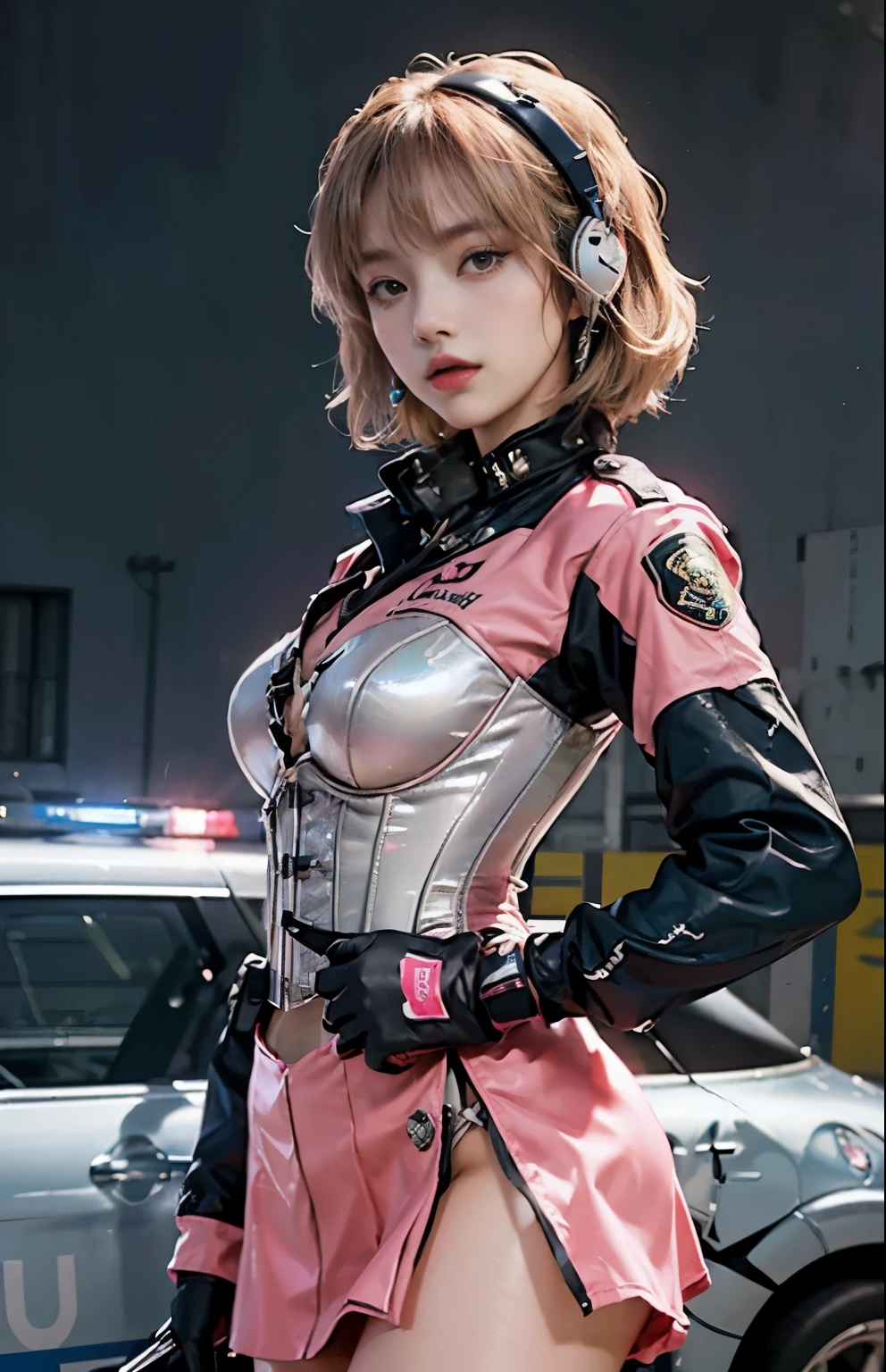 Lisa black pink, (Top Quality, Ultra High Definition, Photorealistic: 1.4), (cowboy shot:1), 1 Beautiful Girl, (Kpop Idol), Detailed Face, (Hair Style gradation: blonde:0.6Silver:0.4, fullbang, shortbob-style:1), Contrapposto, Perfect Anatomy, Smooth Skin, Professional Lighting, ((wearing Futuristic Police Racing Suits, low-mini-skirt, police wappen, High-tech pink Headset, military gun-corset, racing gloves, holding handguns with both hands)), (Cloths colors based on pink silver red black), (background, backstrage),