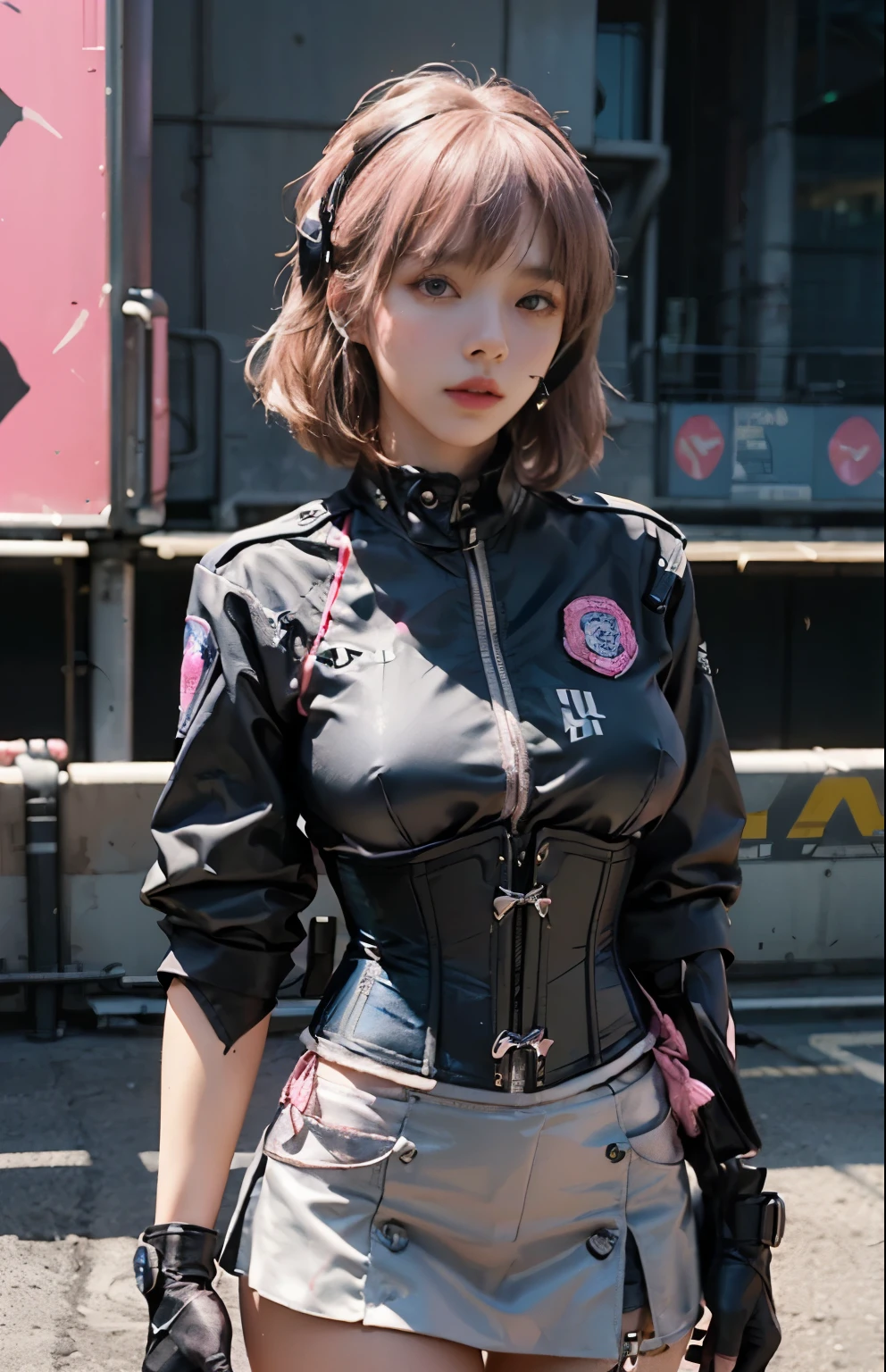 Lisa black pink, (Top Quality, Ultra High Definition, Photorealistic: 1.4), (cowboy shot:1), 1 Beautiful Girl, (Kpop Idol), Detailed Face, (Hair Style gradation: blonde:0.6Silver:0.4, fullbang, shortbob-style:1), Contrapposto, Perfect Anatomy, Smooth Skin, Professional Lighting, ((wearing Futuristic Police Racing Suits, low-mini-skirt, police wappen, High-tech pink Headset, military gun-corset, racing gloves, holding handguns with both hands)), (Cloths colors based on pink silver red black), (background, backstrage),