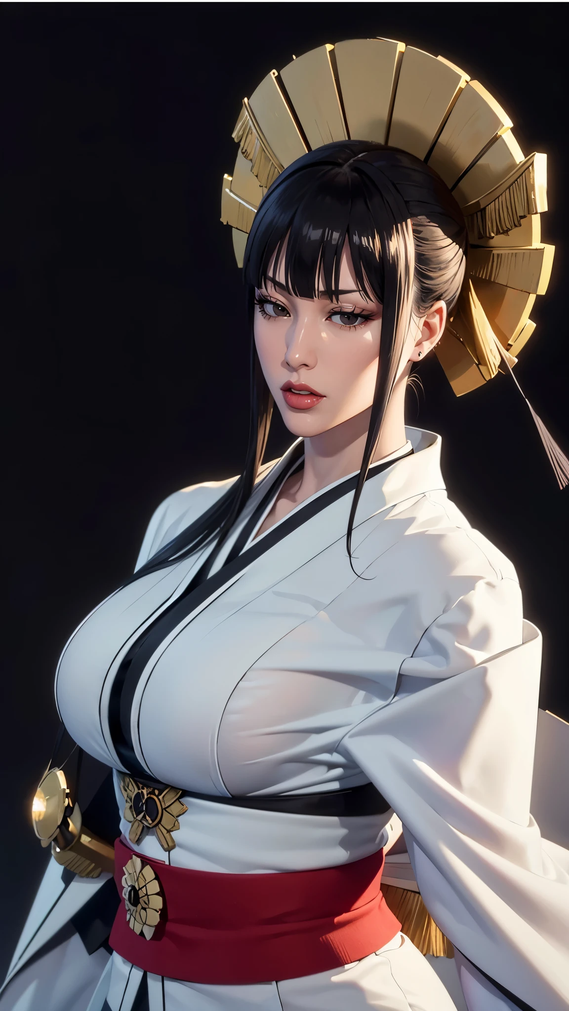 （（（Perfect figure，figure，独奏， （（（japanese clothes, kimono, mechanical arms, extra arms,））），（（（Senjumaru Shutar, long hair, bangs, blunt bangs, black hair, sidelocks, (black eyes:1.5), makeup, lipstick, red lipstick,））），((masterpiece)),high resolution, ((Best quality at best))，masterpiece，quality，Best quality，（（（ Exquisite facial features，Looking at the audience,There is light in the eyes，(（（Lol，confidence））)，））），型figure:1.7））），（（（Light and shadow，Huge breasts））），（（（Looking at the camera，black background，）））