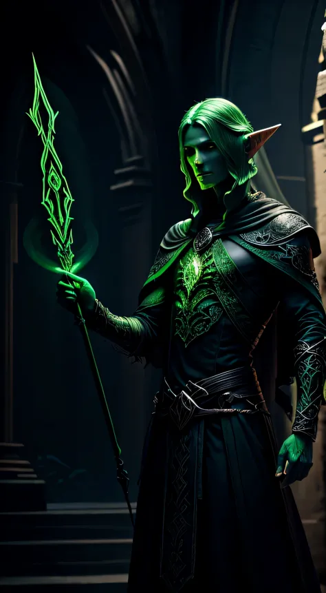  elf Necromancer, with his intricately green-lit features, stood proudly, staff in hand. Five elongated fingers of his left hand...