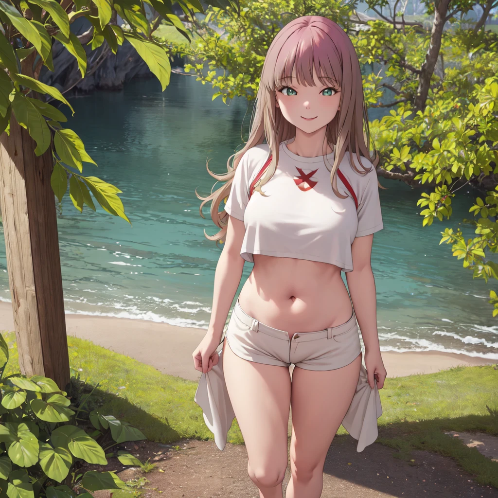 (best quality,highres,ultra-detailed), masterpiece:1.2, aayume, long hair, bangs, shirt、hot pants、outdoors, standing, smile, beautiful thighs, barefoot、full body、Belly button