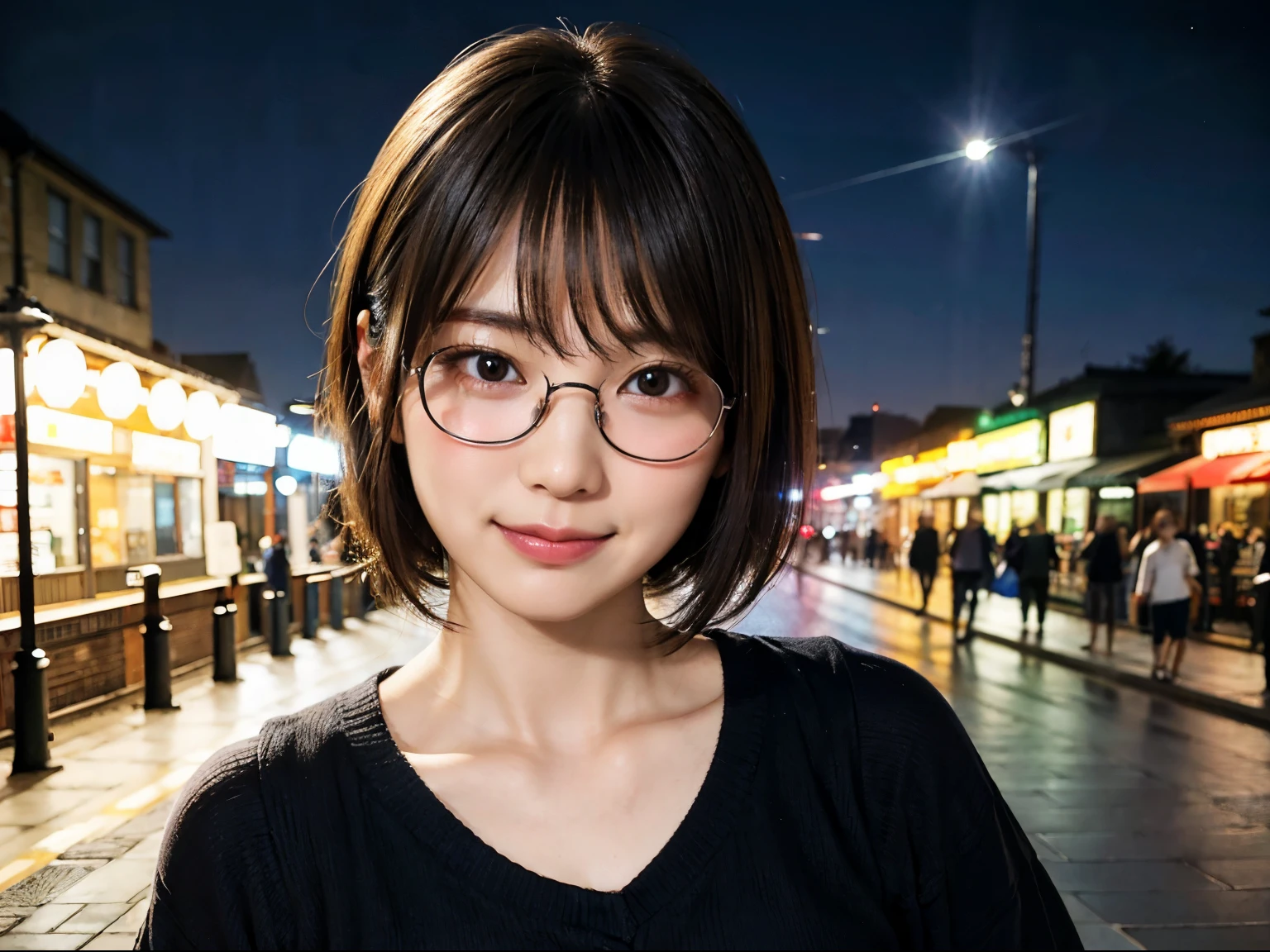 Femme japonaise en vêtements décontractés au coin d&#39;une rue à Tokyo la nuit、Porter des lunettes à monture noire、En regardant le public、(la plus haute qualité、chef-d&#39;œuvre)))、haute résolution、très détaillé、chef-d&#39;œuvre、Éclairage de cinéma、(8k、la plus haute qualité、chef-d&#39;œuvre:1.2)、(Réaliste、Photoréaliste:1.37) haute résolution、Super détail、asiatique, Mignon, Mignon顔, seulement, Cheveux courts1.2, peau texturée, Ciel nocturne magnifiquement détaillé, Vue nocturne、Éclairage de cinéma, Profondeur de la limite écrite, Lumière parasite、(Haut du corps:0.5)、Date、(Rougir du nez)、(Rire:1.15)、(Bouche fermée)Petits seins、des yeux magnifiquement détaillés、(Pull-over:1.1)、(Cheveux courts:1.2)、cheveux flottants style grenouille nova