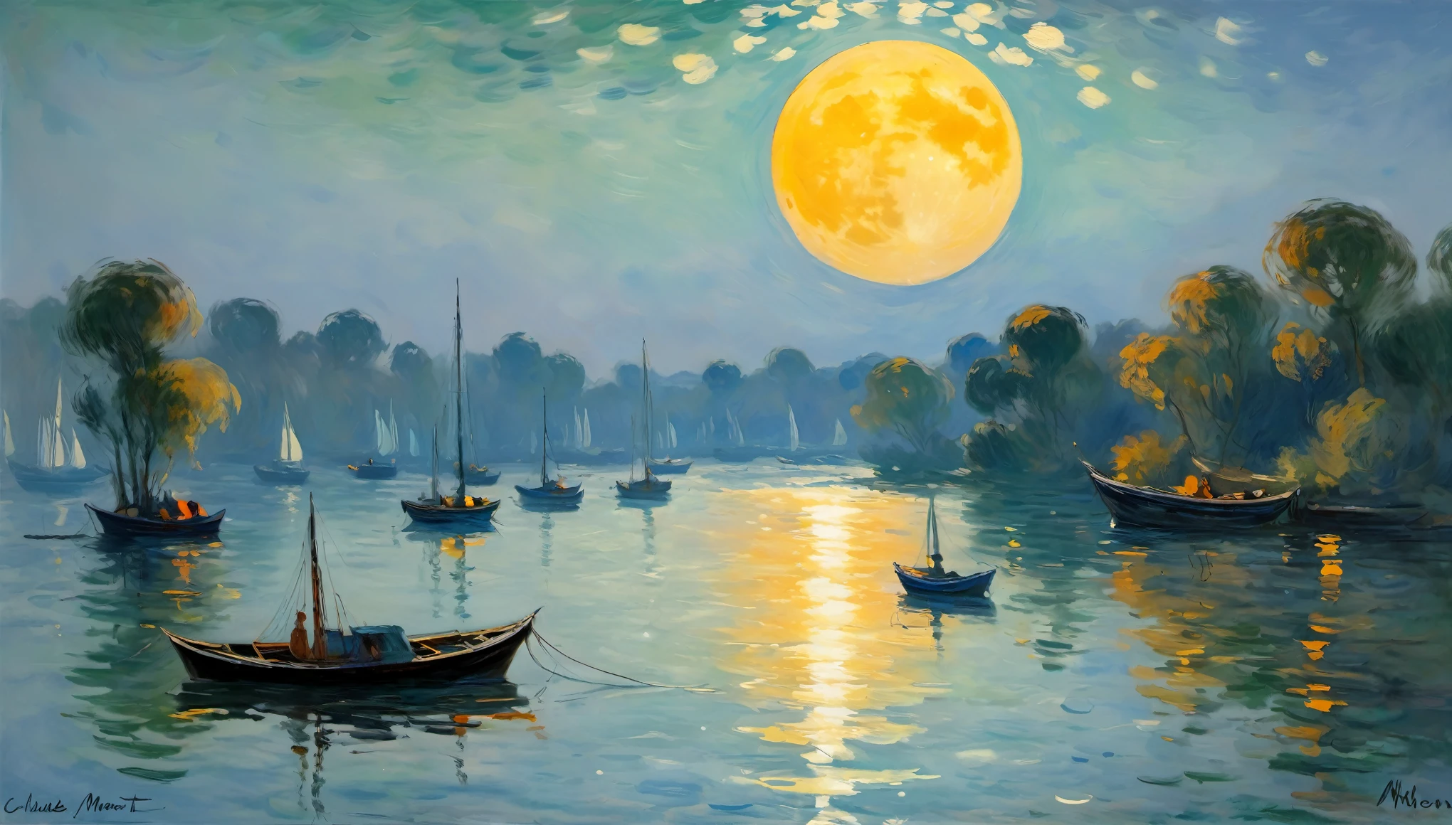 This impressionist painting captures the enchanting beauty of nature. With its dominant blue and orange hues, it exudes a romantic and passionate atmosphere. A giant yellow moon dominates the center, surrounded by hazy boats and ripples. The sky fades from green to blue, while the water reflects the moon's glow, drawing the eye to the distance. Signed by Claude Monet, it showcases his unique style and masterful technique, a treasure worth admiring.