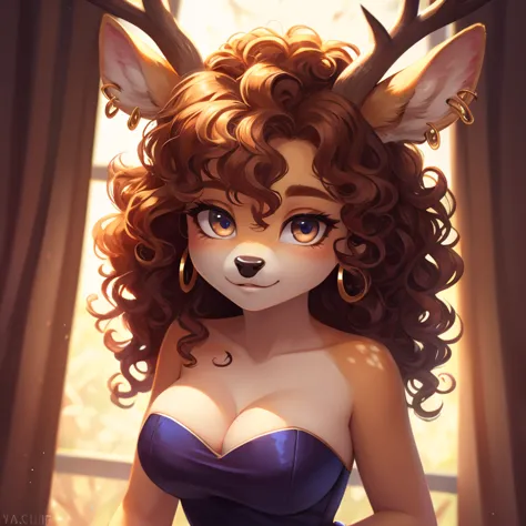 white fur, deer, curly hair, strapless dress, cleavage, high resolution, earrings,