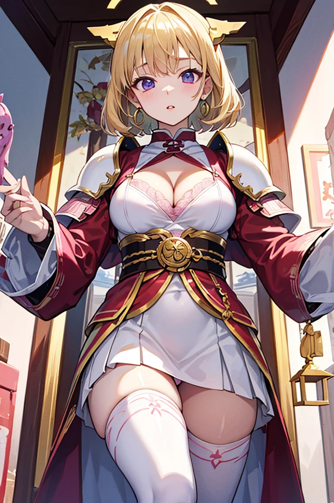 masterpiece、highest quality、Ultra-high resolution、Maximum resolution、Very detailed、Professional Lighting、anime、Adult women、thin、so beautiful、Beautiful face、Shrine maiden costume、mini skirt、((Pink and white armor))、Shiny Armor、、Golden earrings、Blonde、purple eyes、Pink Lips、Angle from below、Cleavage、White underwear