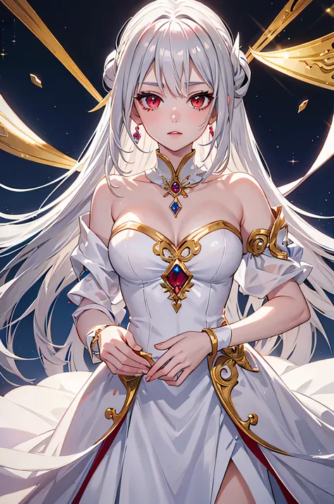 Anime beauty woman, silver hair, Red eyes, gold earring, White queen dress, best quality, masterpiece