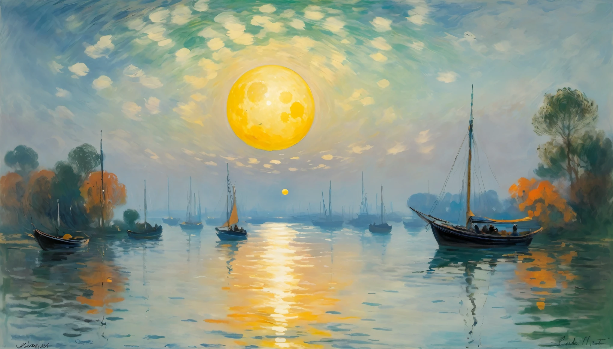 This impressionist painting captures the enchanting beauty of nature. With its dominant blue and orange hues, it exudes a romantic and passionate atmosphere. A giant yellow moon dominates the center, surrounded by hazy boats and ripples. The sky fades from green to blue, while the water reflects the moon's glow, drawing the eye to the distance. Signed by Claude Monet, it showcases his unique style and masterful technique, a treasure worth admiring.