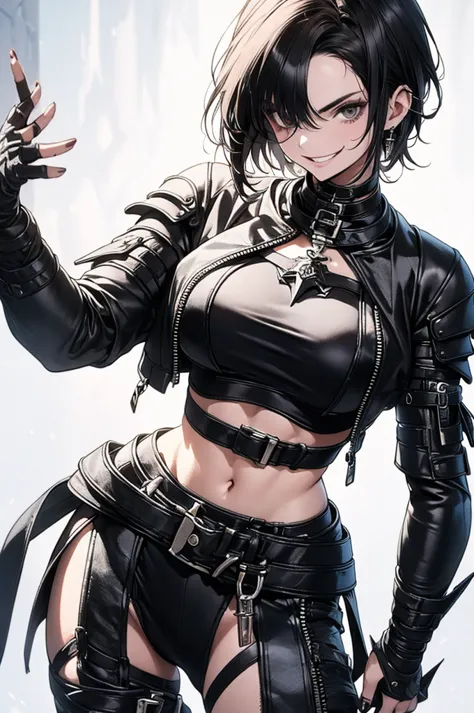 mulher jovem,short black hair , badass , full ancient armor,coxas torneadas,evil smile