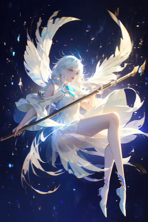 Anime girl with long white hair and blue skirt in the snow, White-haired deity, White hair floating in the air, Anime Fantasy Il...