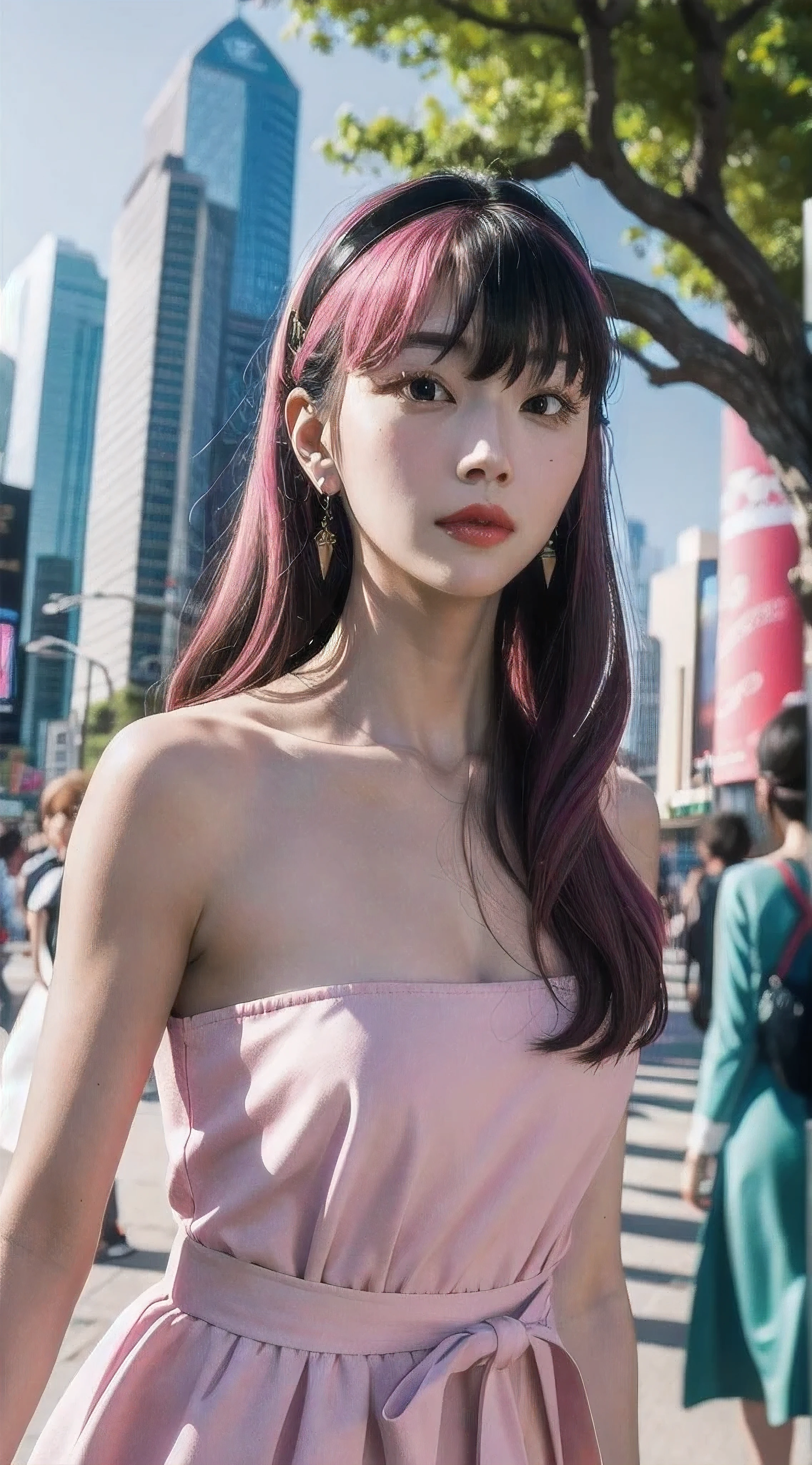 yor, Mature female, bangs, side locks, Red eyes, pink hair, hair adornments，sportrait, (face:1.2), 2 schoolgirls,bare shoulders​, walking at time square buzz, (Robe:1.21), clavicle, Willow Branch, (masterpiece best quality :1.2),