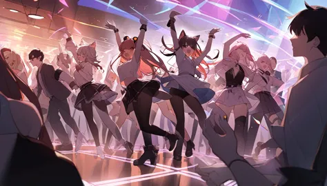 1. A group of people dancing energetically at a nightclub - "Dance floor frenzy",cat ear