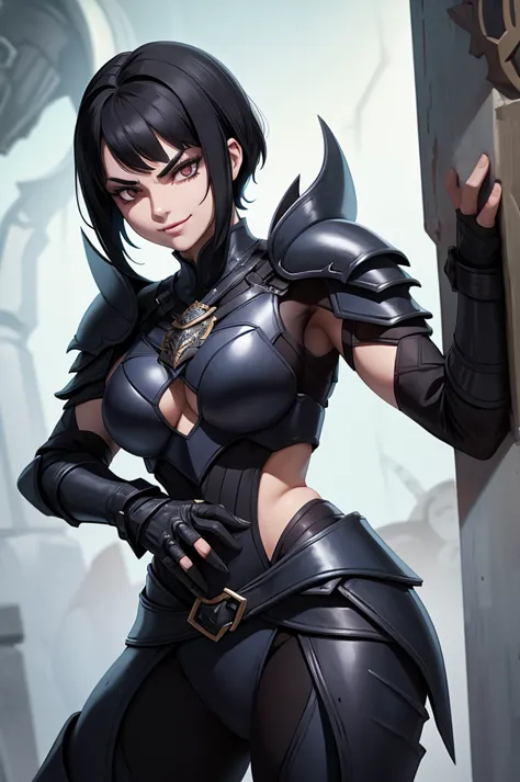 mulher jovem,short black hair , badass , full ancient armor,coxas torneadas,Evil Smile
