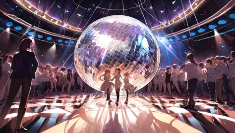A disco ball casting reflections on a crowded dance floor - "Mirror ball madness",chat ear