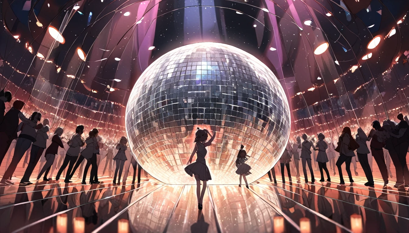 A disco ball casting reflections on a crowded dance floor - "Mirror ball madness",chat ear