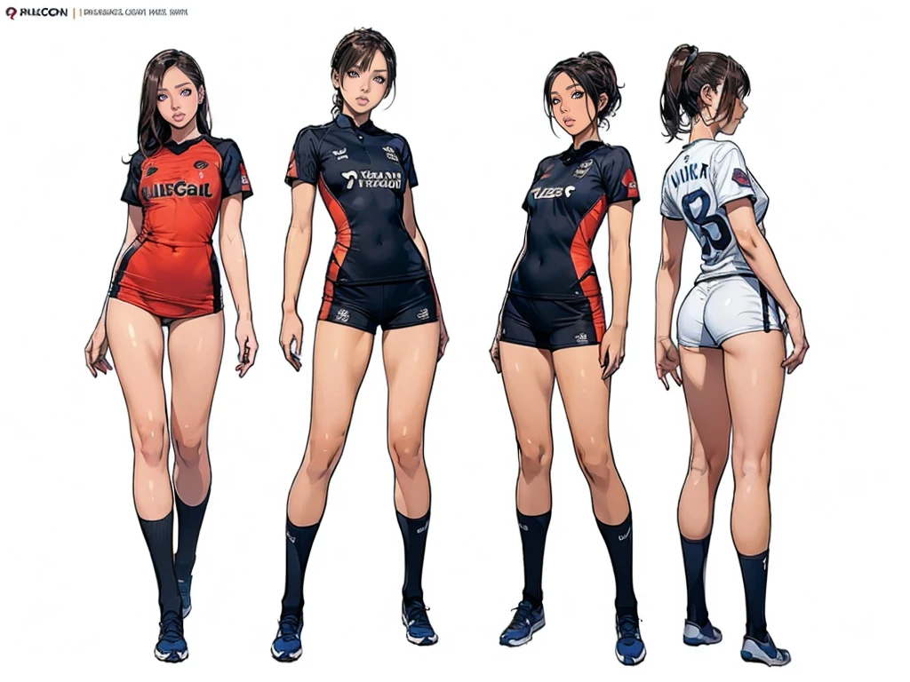 ((masterpiece)),(((best quality))),((character design sheet)), ((full body view)),((vulgar)), illustration,thick thighs,1girl,Big-breasted,wearing an Vile soccer uniforms