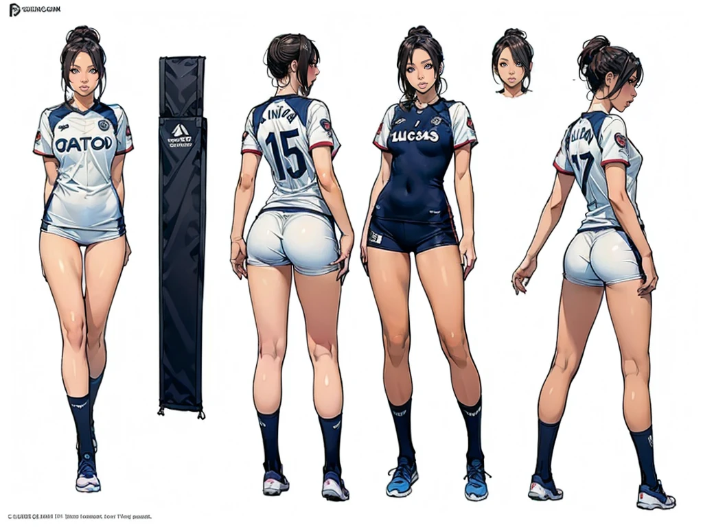 ((Obra maestra)),(((mejor calidad))),((hoja de diseño de personajes)), ((vista de cuerpo completo)),((vulgar)), ilustración,muslos gruesos,1 chica,grandes pechos,vistiendo uniformes de fútbol de Vile