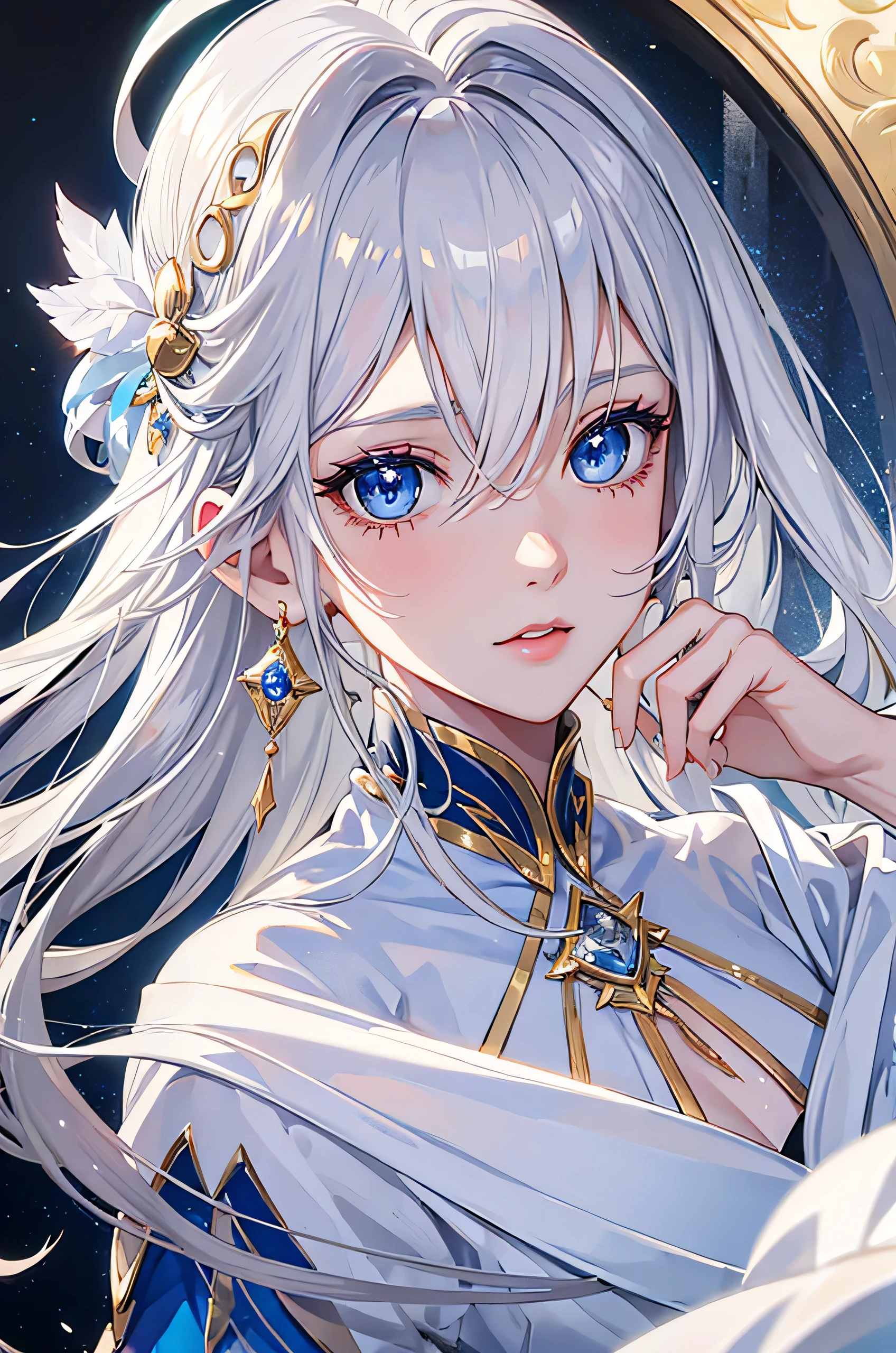 Anime beauty woman, silver hair, Blue eyes, gold earring, White queen dress, best quality, masterpiece