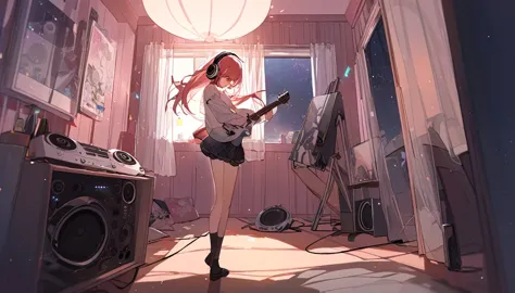A girl dancing solo with headphones on in her room - "Solo jam session",chat ear