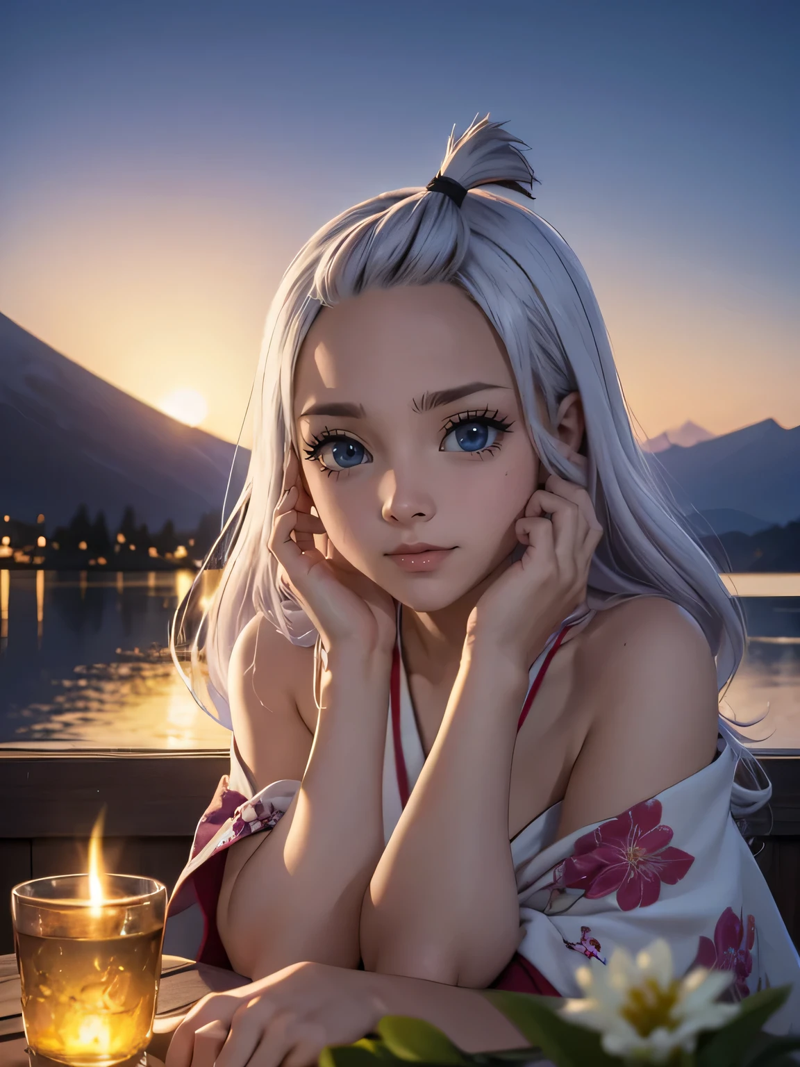 Best quality, masterpiece, extremely detailed, detailed background, detailed eyes,realism, 1 girl, beautiful eyes, young girl,beautiful graceful fingers, girl with long white hair,expressive face, kimono, big breasts, Landscape of Mount Fuji, on open air, sunset, beautiful sky, picnic on the lake, landscape, landscape, horizon, Mountain next to the mountain, Wind, flower petal, Vesna, looking, Atmospheric lighting, reflection, naturalistic, detail, realism. relaxation, Beauty, Just focus, Close-up, outside, depth of field, hips