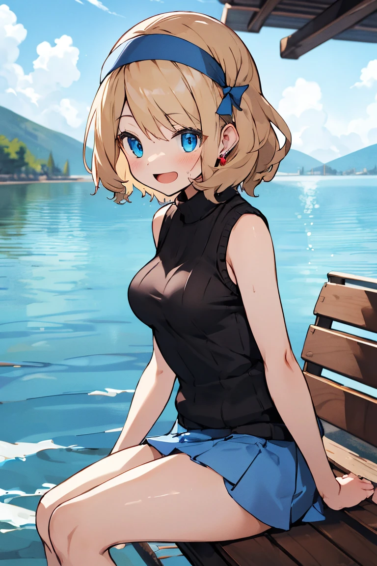 masterpiece, best quality, highres, serena \(pokemon\), short hair, blue earwear, blue eyes, 1girl, solo, sweater vest, blue skirt, checkered skirt, short skirt, bangs, turtleneck sweater, sitting, side view, view from side, curvy, smiling, happy, medium breasts, teenager, lake, bench, skinny, hands on thighs, open mouth, looking at camera, jewelry, facing camera, slightly leaning forward,NSFW,Undressing,White underwear,Completely naked,Naked