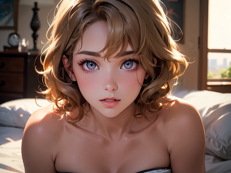 (best quality, 4K, masterpiece :1.3), pretty Woman, 1 girl, abdominal muscles :1.1, (Brown French short curly hair with blonde highlights: 1.1),Super detailed face, delicate lips, delicate eyes, double eyelids,