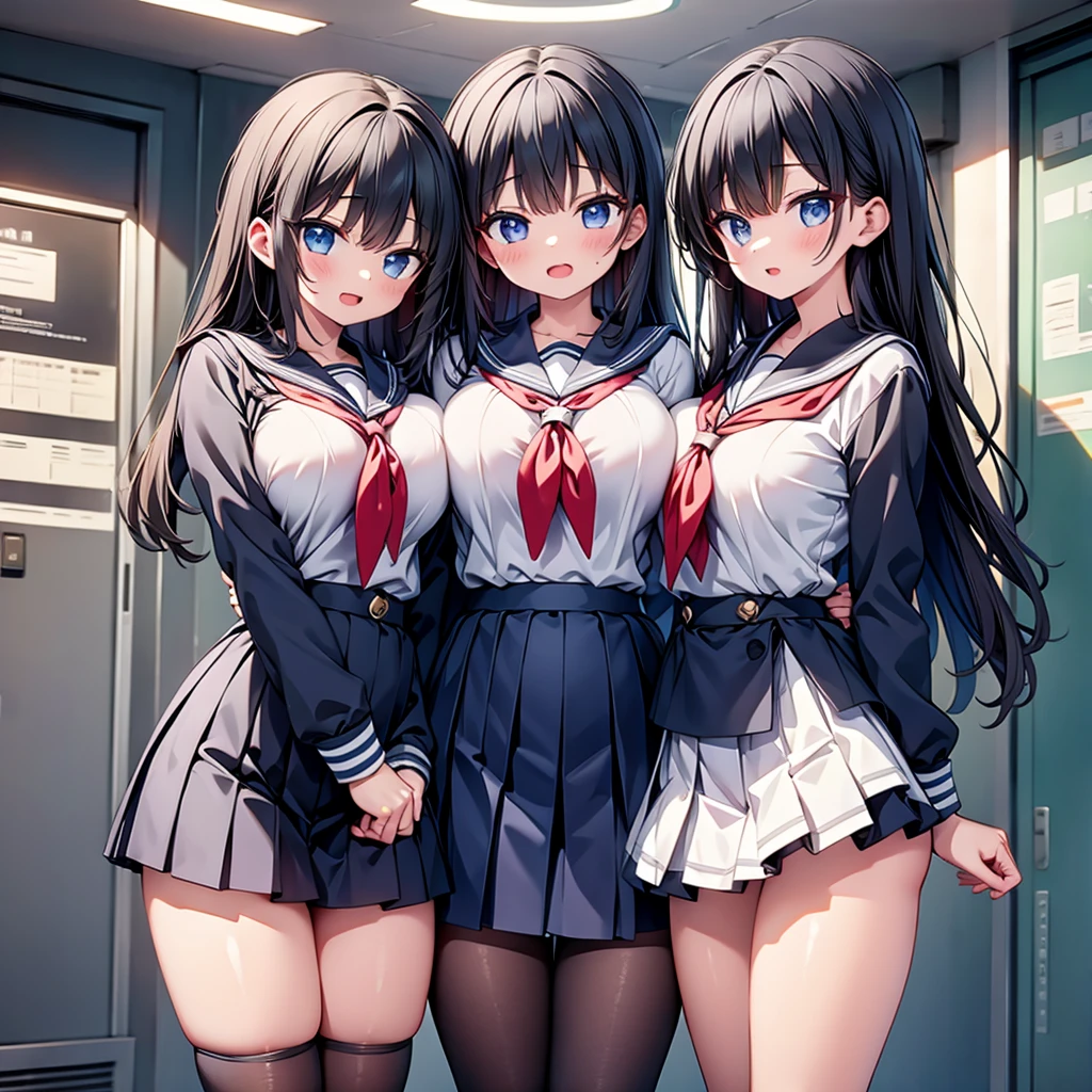 highest quality,wonderful,finely,extremely detailed CG Unity 8K wallpaper, (Stand in line:1.2), (3 girls, Black Hair, cute eyes, sailor uniform, clothed), (huge breasts), (open mouth:1.1), (long tongue:1.1), (mouth drool:1.1), (black stockings:1.1),(Thighs:1.1),(Waistline:1.1)