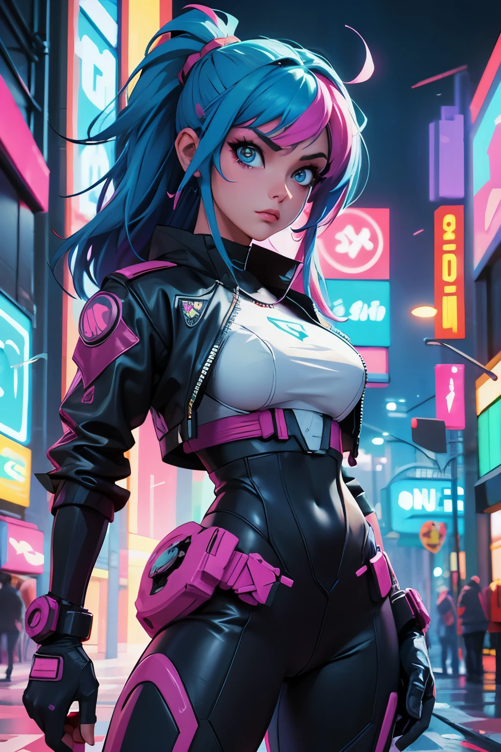 Mulher com estilo cyberpunk, ternos neon coloridos, em uma cidade cyberpunk, com cores vivas, cores frias, melhor qualidade, muitos detalhes, linda mulher morena, segurando espadas de ninja. pose dinâmica 