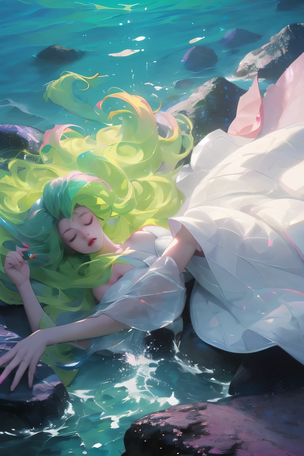 （（upscale，16K，masterpiece：1.3）），（Beautiful woman，，Sleep at the bottom of the sea，Dark ocean landscape，White Dress），pink and green，rich and colorful，Flowing hair，(High Saturation),(rich and colorful splash),Colored bubbles,(shining)，Lying on a large rock
