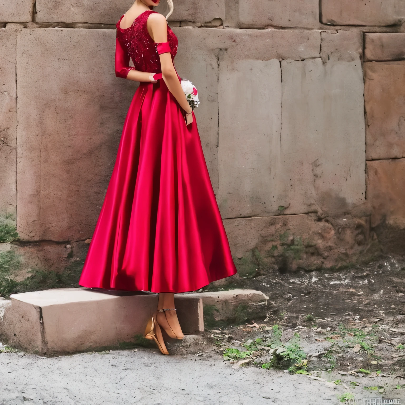 Araffe woman in red dress standing near a stone wall - SeaArt AI