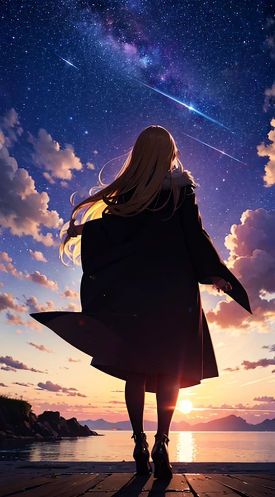 １people々々々々々々々々々々々,Blonde long-haired woman，Long coat， Dress Silhouette， Rear View，Space Sky, , Anime Style, sunset，The boundary between sea and space，