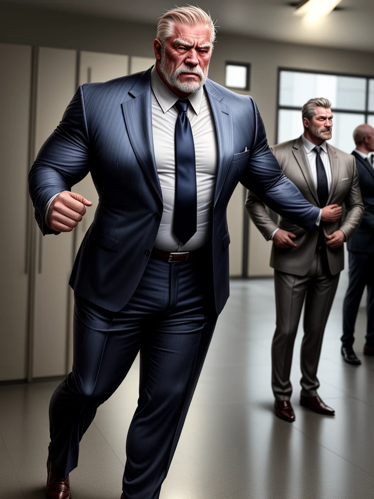 alter Mann steht im Anzug, Muskelkörper,Vati,Schreib einfach,fett, 