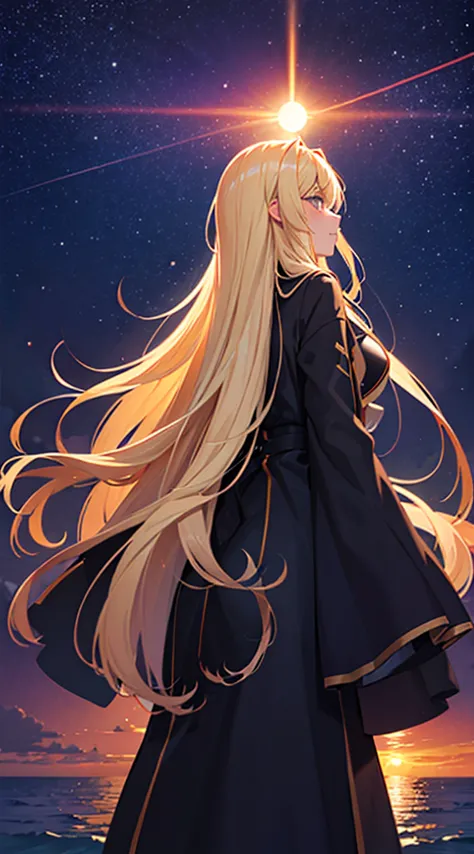 １people々々々々々々々々々々々,blonde long-haired woman，long coat， dress silhouette， rear view，space sky, , anime style, sunset，the boundary...