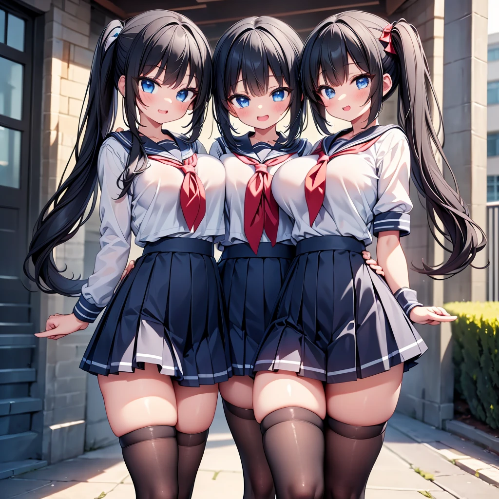 highest quality,wonderful,finely,extremely detailed CG Unity 8K wallpaper, (Stand in line:1.2), (3 girls, Black Hair, Blue Eyes, cute eyes, side ponytail, sailor uniform, clothed), (huge breasts), (open mouth:1.1), (long tongue:1.1), (mouth drool:1.1), (black stockings:1.1),(Thighs:1.2),(Waistline:1.2)