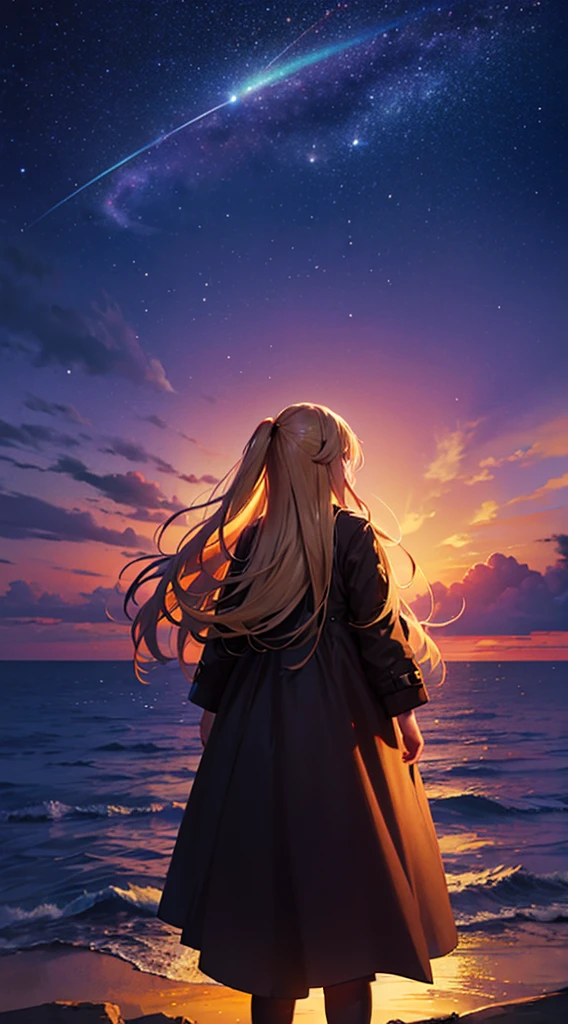 １people々々々々々々々々々々々々,Blonde long-haired woman，Long coat， Dress Silhouette， Rear View，Space Sky, , Anime Style, sunset，The boundary between sea and space，