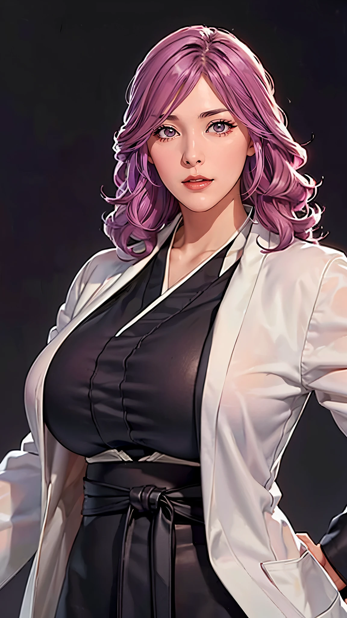 （（（Perfect figure，figure，独奏， （（（white coat, black robes，japanese clothes，kimono））），（（（hikifune kirio, purple hair，lipstick，makeup））），((masterpiece)),high resolution, ((Best quality at best))，masterpiece，quality，Best quality，（（（ Exquisite facial features，Looking at the audience,There is light in the eyes，(（（Lol，confidence））)，））），型figure:1.7））），（（（Light and shadow，Huge breasts））），（（（Looking at the camera，black background，）））